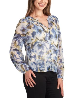 Juniors' Sheer-Print Long-Sleeve Button-Front Blouse 