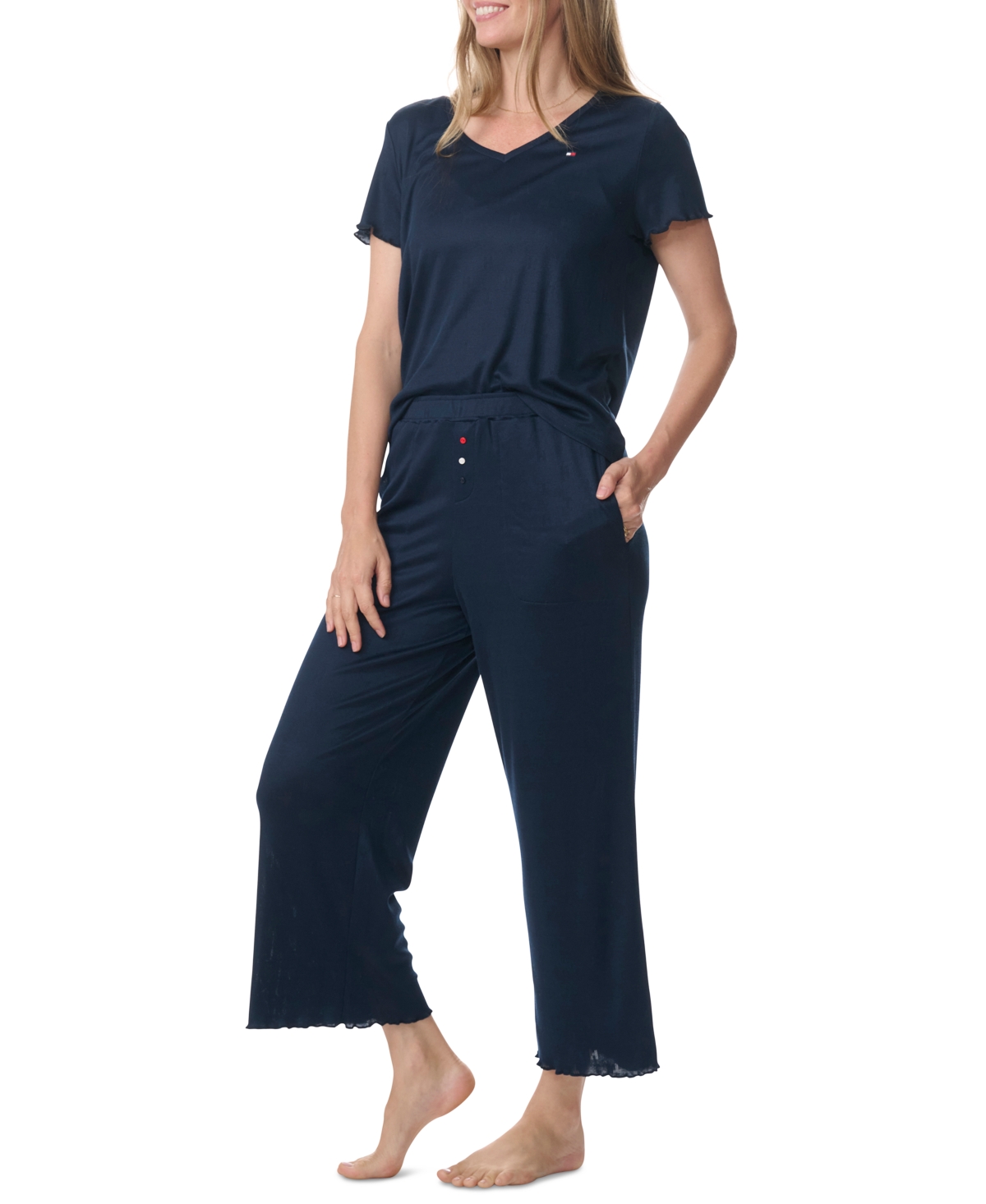 Tommy Hilfiger Women's 2-pc. Short-sleeve T-shirt & Wide-leg Cropped Pants Pajama Set In Sky Captain Pointelle