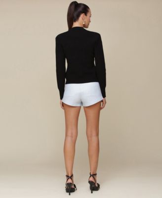 Avec Les Filles Womens Button Front Rib Knit Cardigan Faux Leather Pitched Hem Shorts