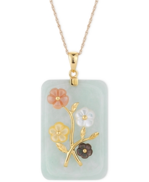 image of Jade or Onyx Carved Flower Pendant Necklace (25x38mm) in 14k Gold-Plated Sterling Silver