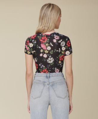 Женская приталенная футболка Avec Les Filles с цветочным принтом и широкие джинсы с высокой посадкой и манжетами