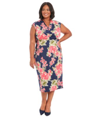 London Times - Plus Size V-Neck Ruched-Front Dress