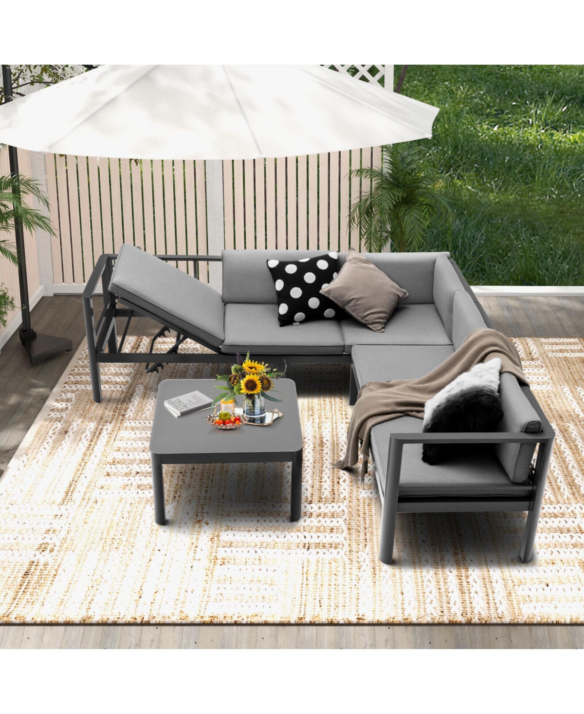 3 Pieces Aluminum Patio Furniture Set with 6-Level Adjustable Backrest