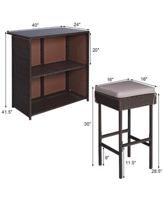 3 Pieces Patio Rattan Wicker Bar Table Stools Dining SetOff