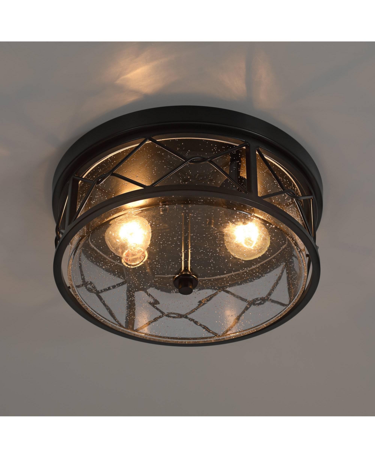 Franklin Iron Works Quincy Industrial Flush-Mount Ceiling Light Fixture Kitchen Foyer Hallway Round Drum 2-LightClear Seeded Glass Bedroom