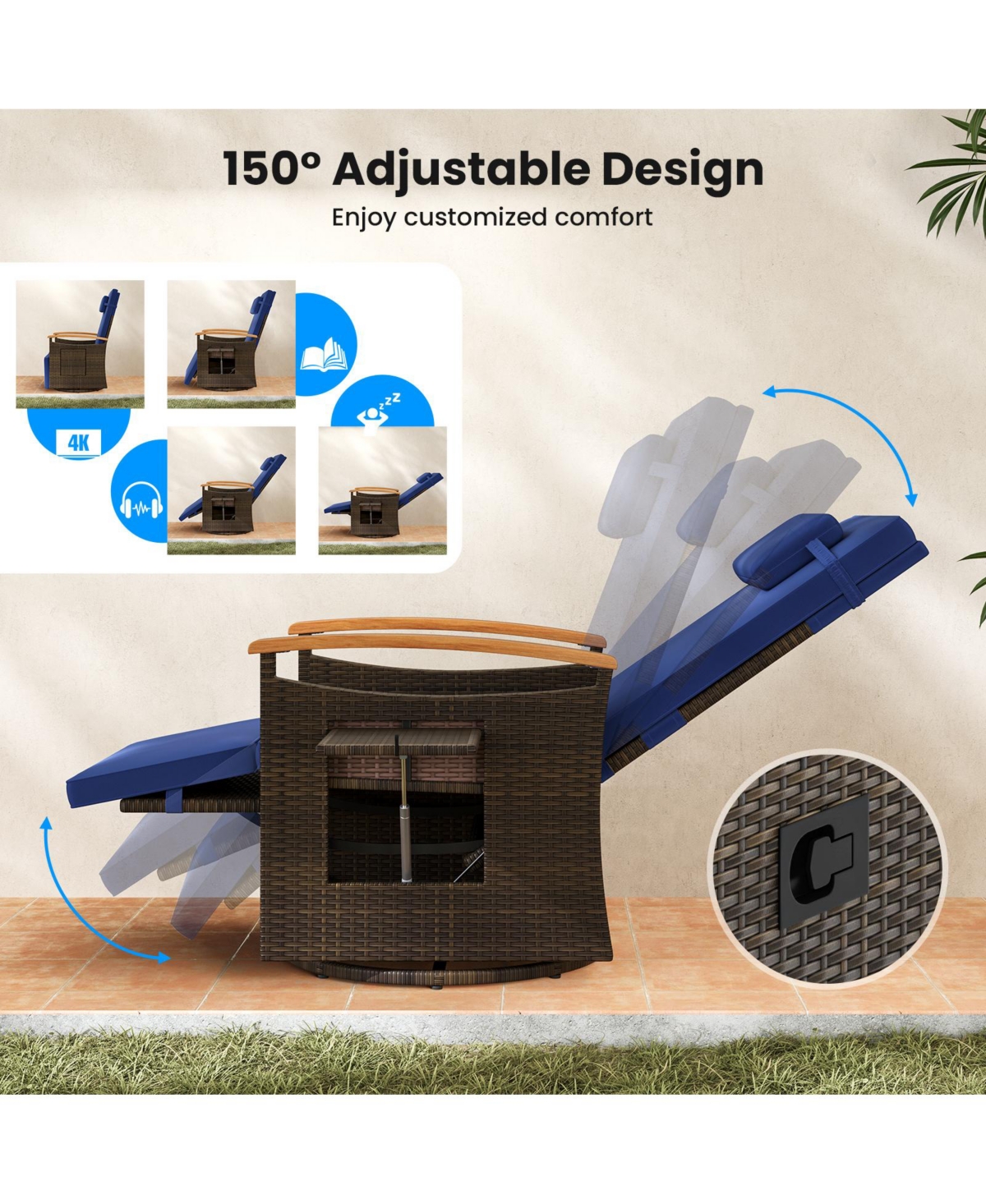 Gouun Patio Rattan 360° Swivel Recliner Chair with Adjustable Backrest and Footrest