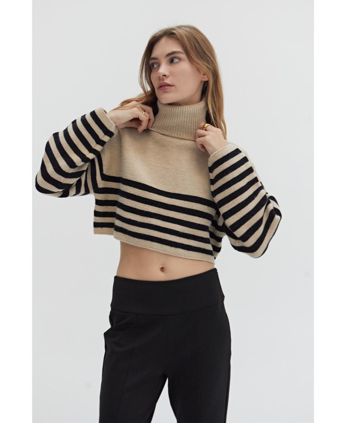 Women's Avery Turtleneck Striped Sweater Top - Brown + taupe/black