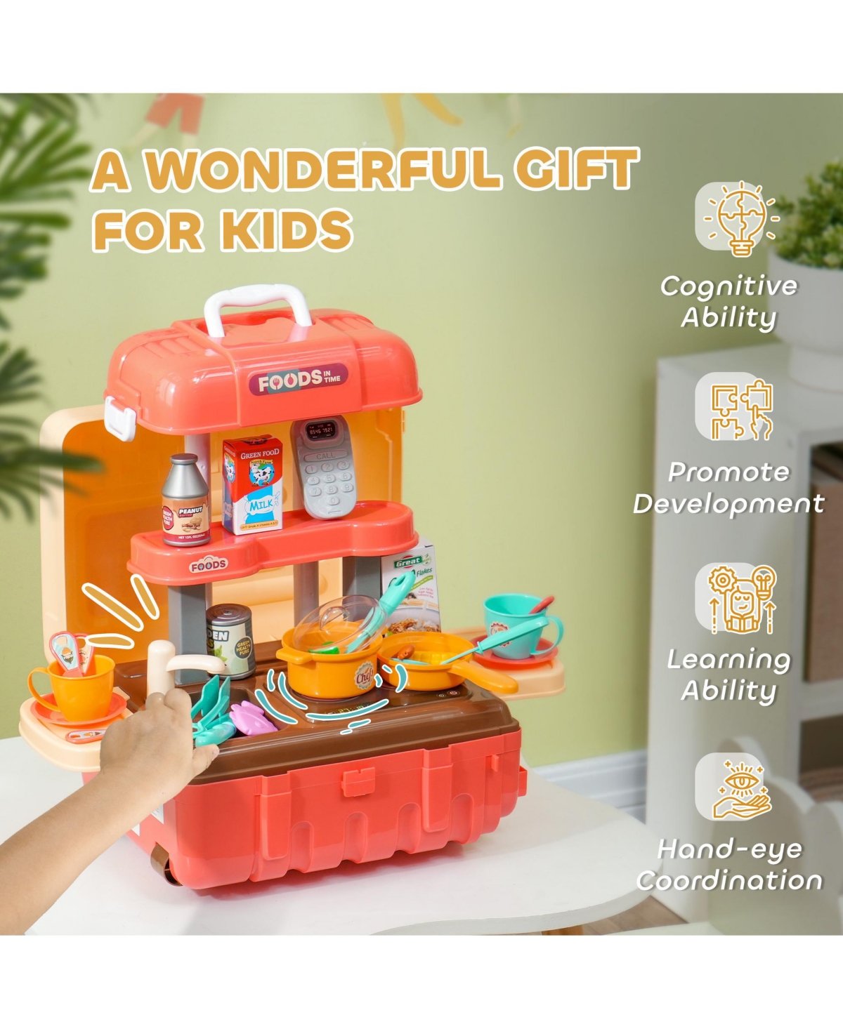 Qaba 1 Play Kitchen Set, Foldable Pretend Play Toys for 3-6 Years Old