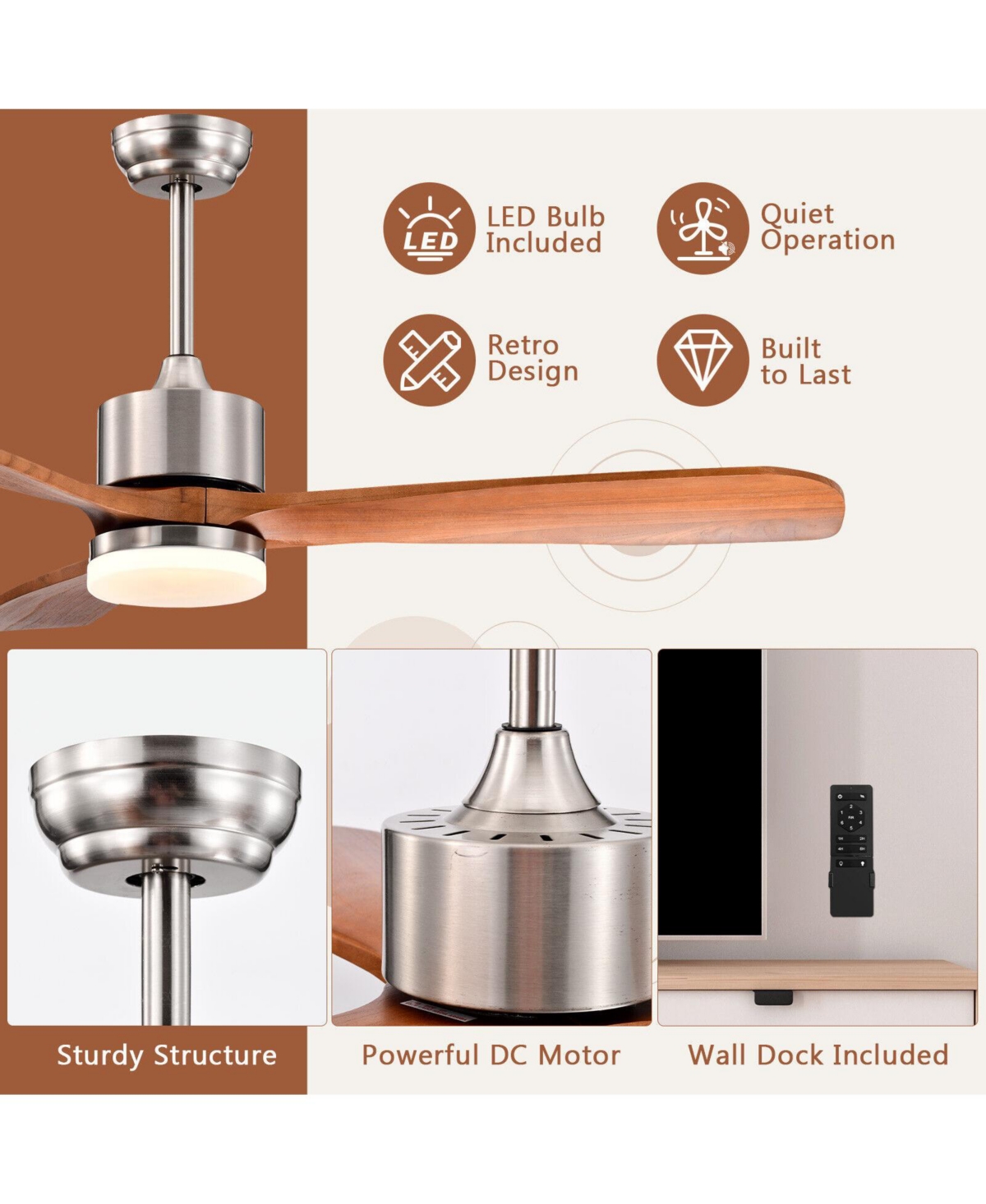 Gouun 52 Inch Reversible Ceiling Fan with LEDAdjustable Temperature