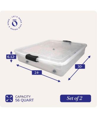 56 Qt Full/Queen Underbed Clear Plastic Latching Storage Container, 2 Pack