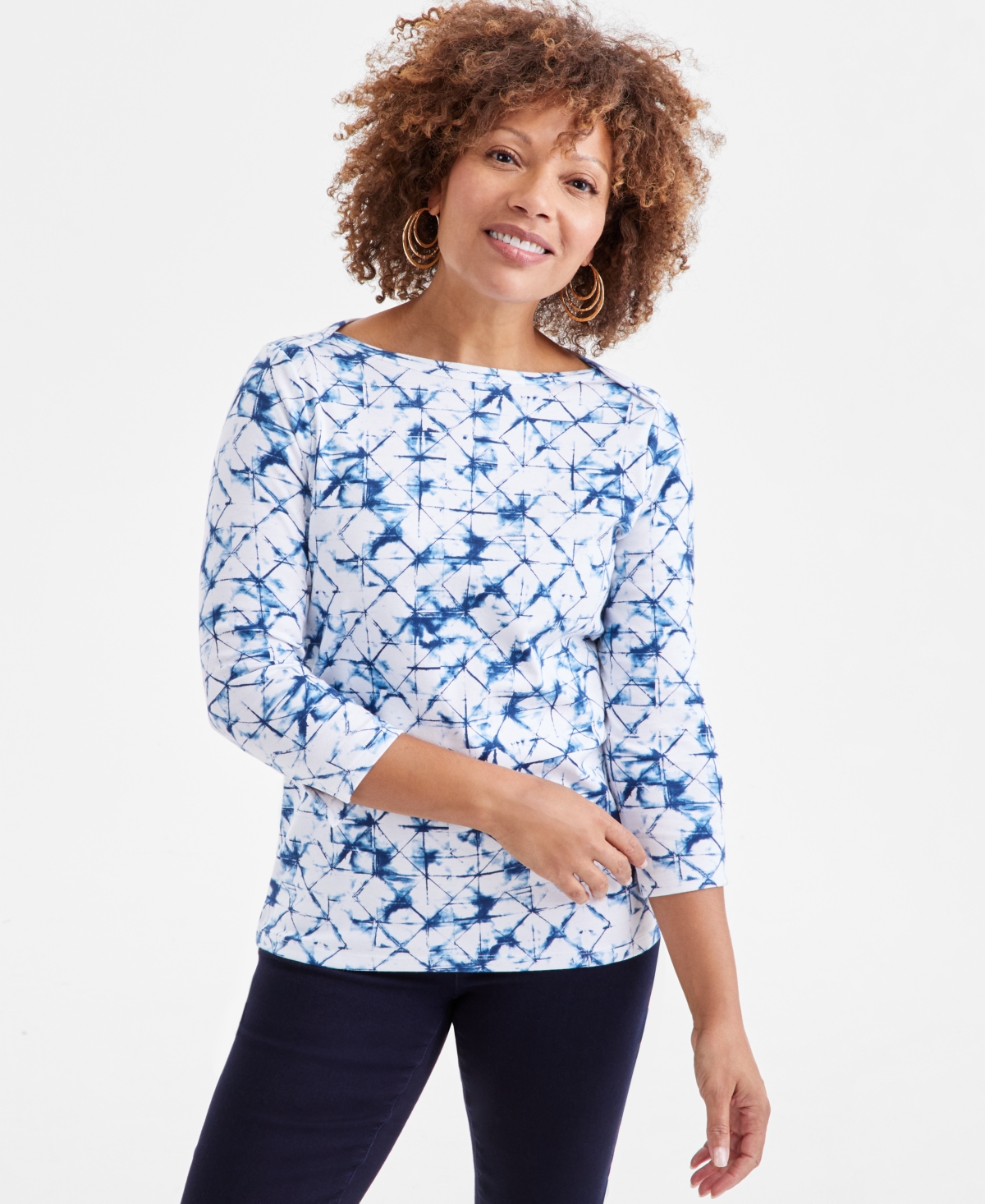 Shop Style & Co Women's Printed Pima Cotton 3/4-sleeve Top, Exclusively At Macy's In Ocean White