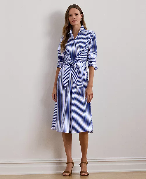 women's striped tie-front broadcloth shirtdress