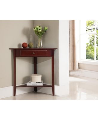 - Walnut Finish Wood Corner Sofa Accent Table with Drawer