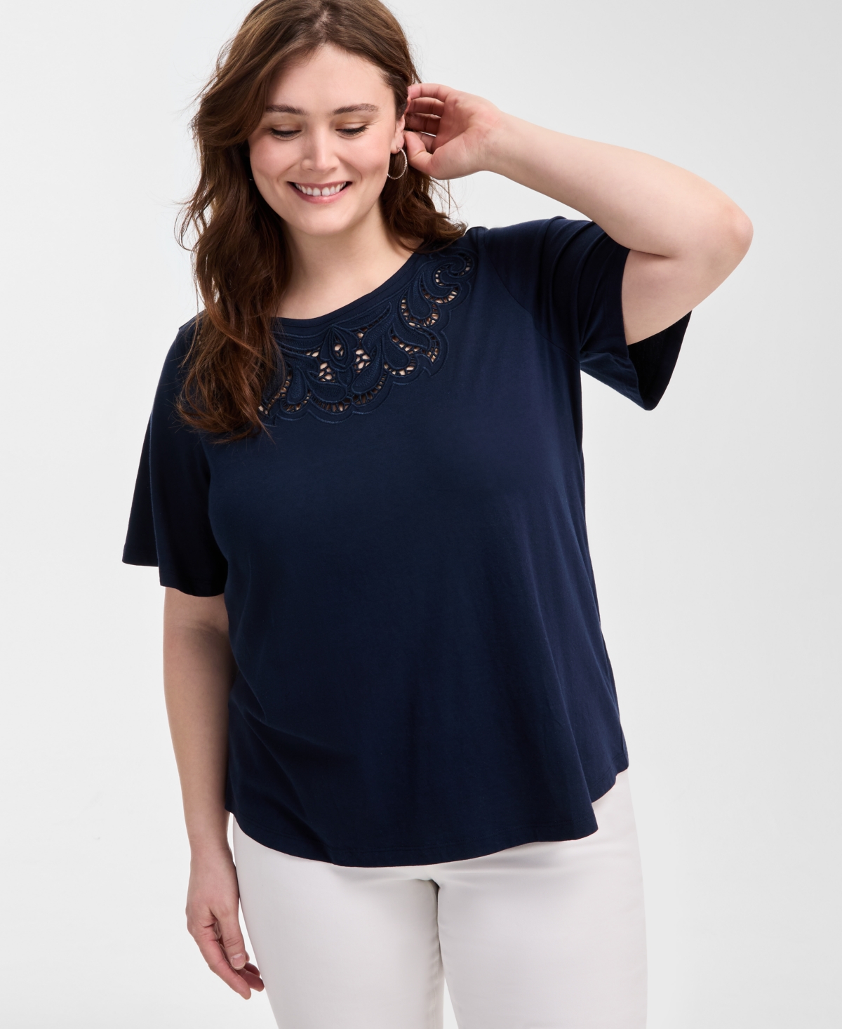 Style & Co Plus Size Eyelet-yoke T-shirt, Exclusively At Macy's In Industrial Blue