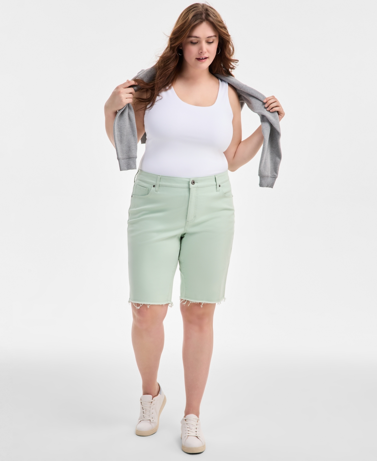 Shop Style & Co Plus Size Frayed Colored Denim Bermuda Shorts, Exclusively At Macy's In Enchant Mint