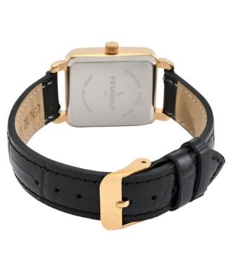 Women's 14K Gold Plated Square Dress Watch with European Crystals and Black Leather Band