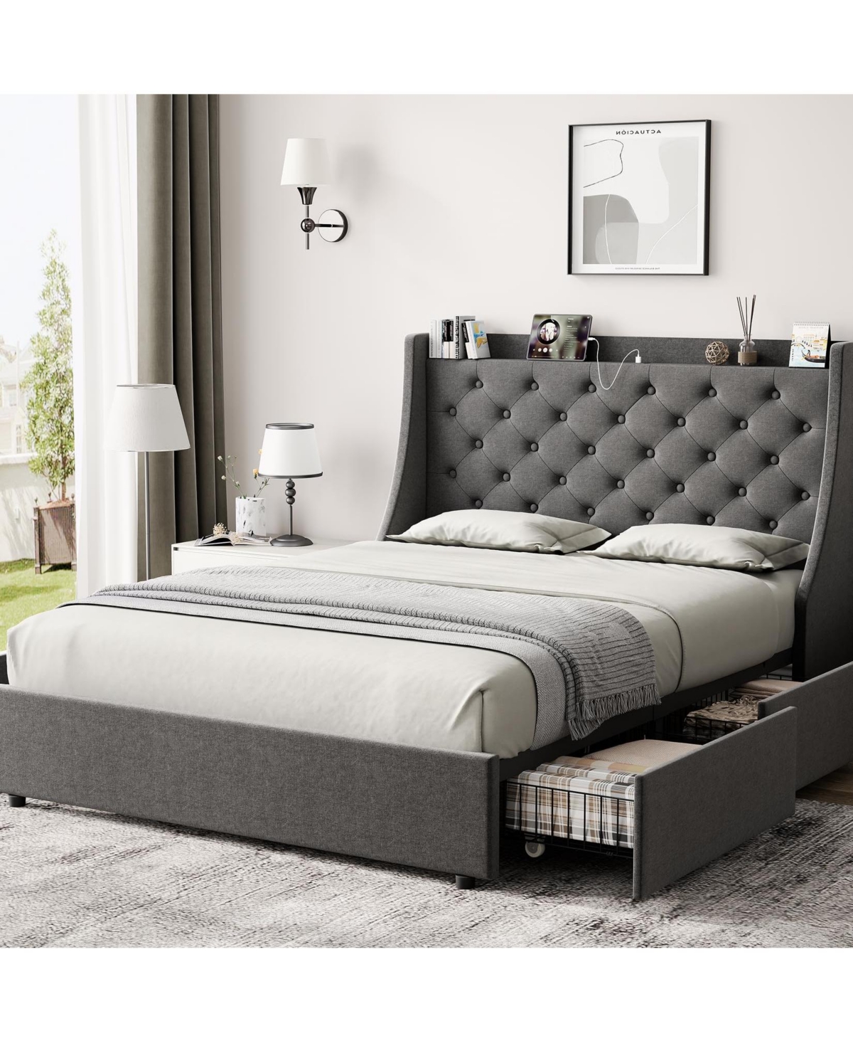 Queen Bed Frame with 4 Storage Drawers