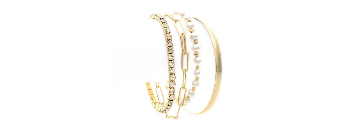 Mixed Gold, Pearl + Cubic Zirconia 4 Bracelet Set