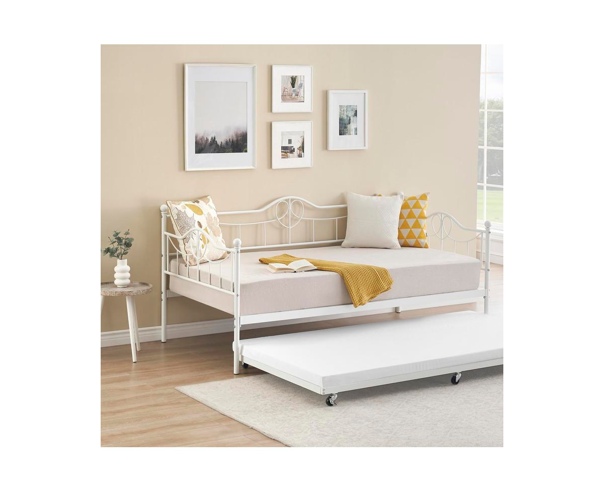 gaomon Daybed with Trundle, Modern Pull Out Day Bed Frame with Vintage Headboard, Metal Daybed with Sturdy Slat Support, for Small Spaces, Kids R