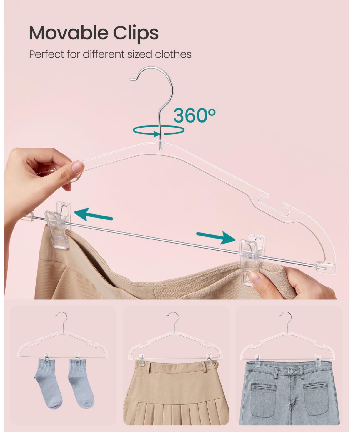 Slickblue Pants Hangers 30-Pack Clear Plastic Hangers with Adjustable Clips, Wide Shoulder Notches & 360 Swivel Hook, x 8.9 Inches for Pants, Skirt