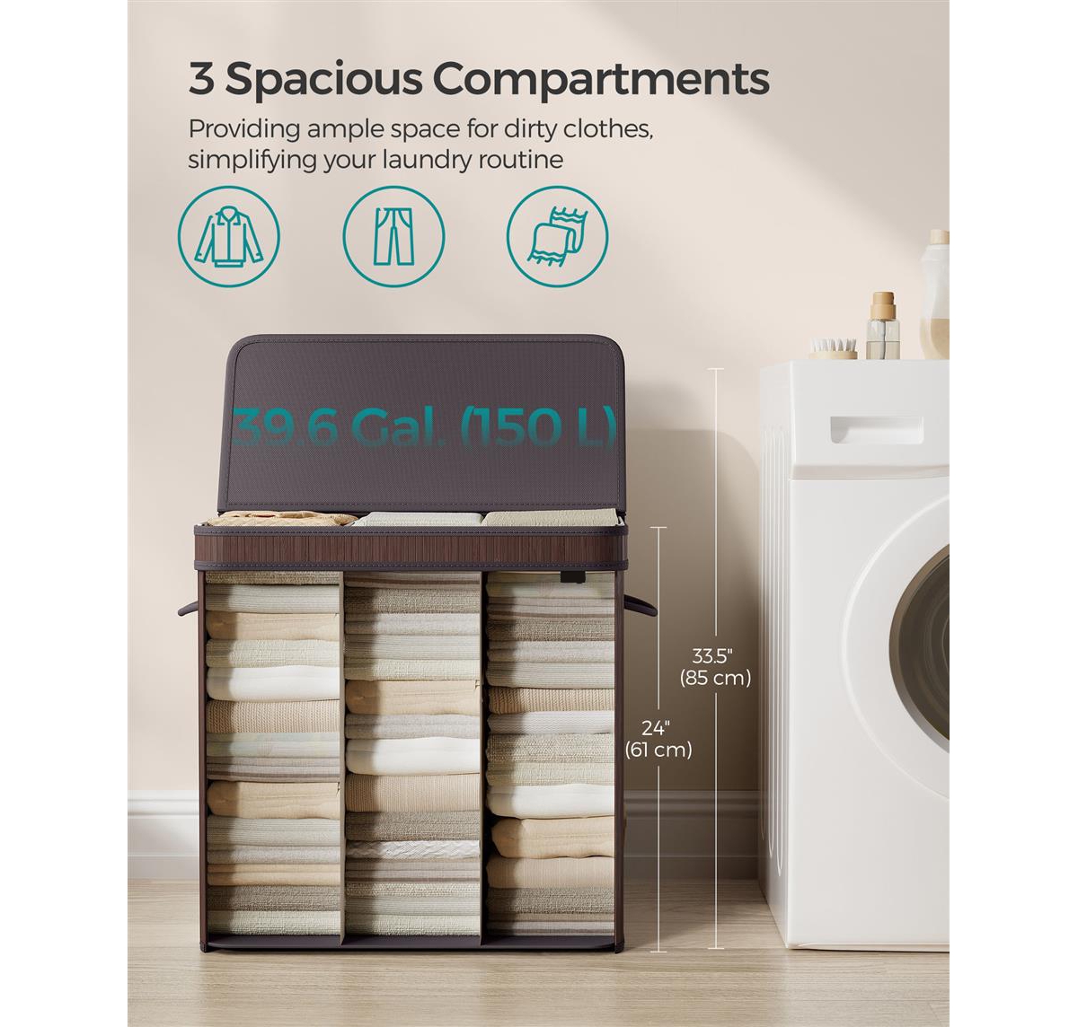 Slickblue Laundry Hamper Dirty Clothes Storage Basket with Lid Liner and Handles Rectangular