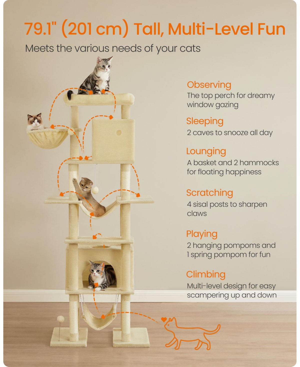 Slickblue 79.1-Inch Tall Cat Tree Multi-Level Large Cat Condo with 4 Scratching Posts for Indoor Cats