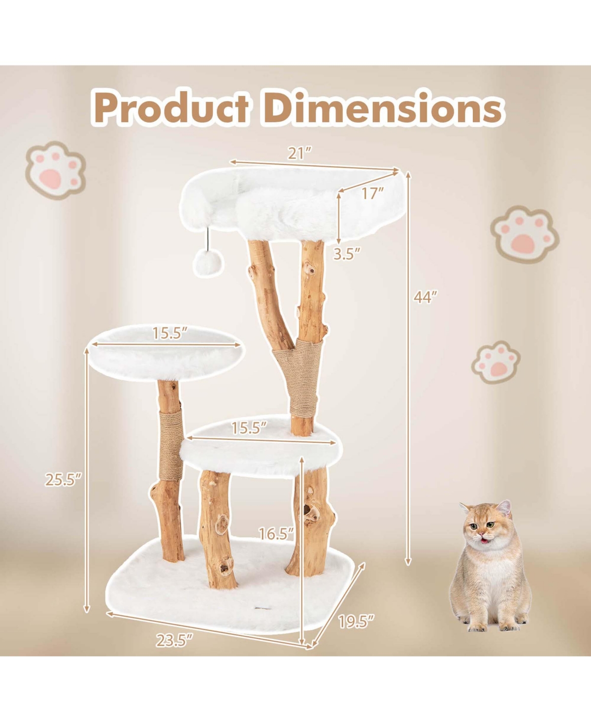 Solid Wood Cat Tree with Perch Natural Jute Scratching Posts Dangling Ball