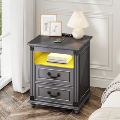 Nightstand with Charging Station, 3-Color LED Lights and 2 Drawers
