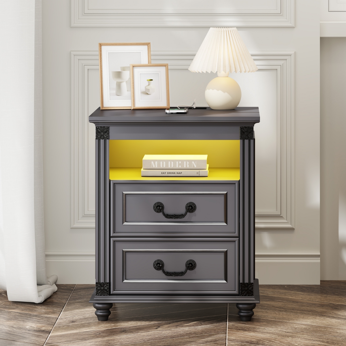 Vlsrka Night Stand with Power Outlets and Usb Ports, Nightstand with 3 Color Led Lights, Side Table with 2 Drawers Storage, Bedside End Table with 4