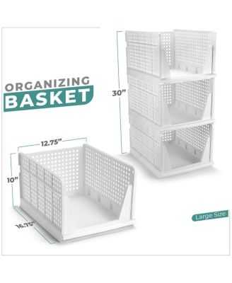 3 Tier Large Open Front Plastic Stackable Baskets Stand - for closets, bedrooms, bathrooms, or pantries