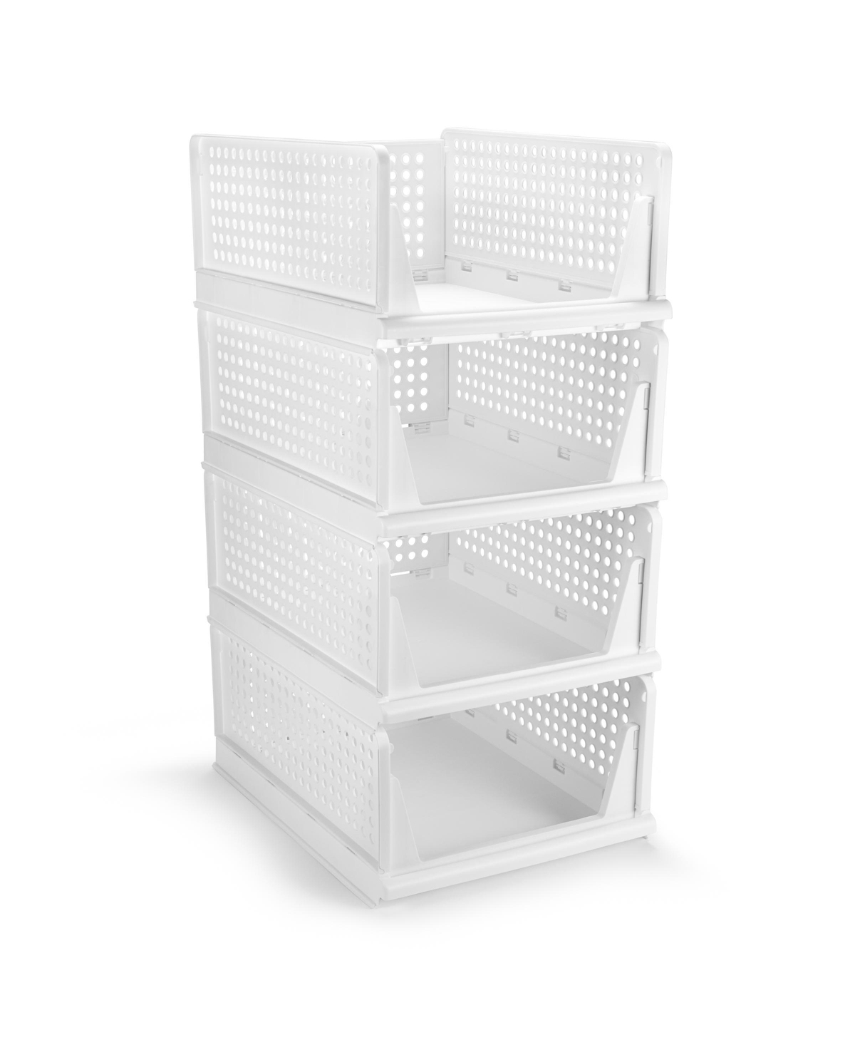 4 Tier Medium Open Front Plastic Stackable Baskets Stand - for closets, bedrooms, bathrooms, or pantries - Open White