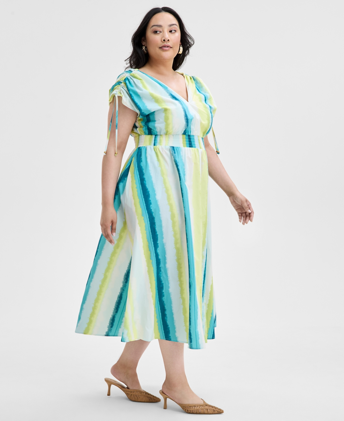 Inc International Concepts Plus Size Cotton Drawstring-sleeve Midi Dress, Exclusively At Macy's In Layla Stripe