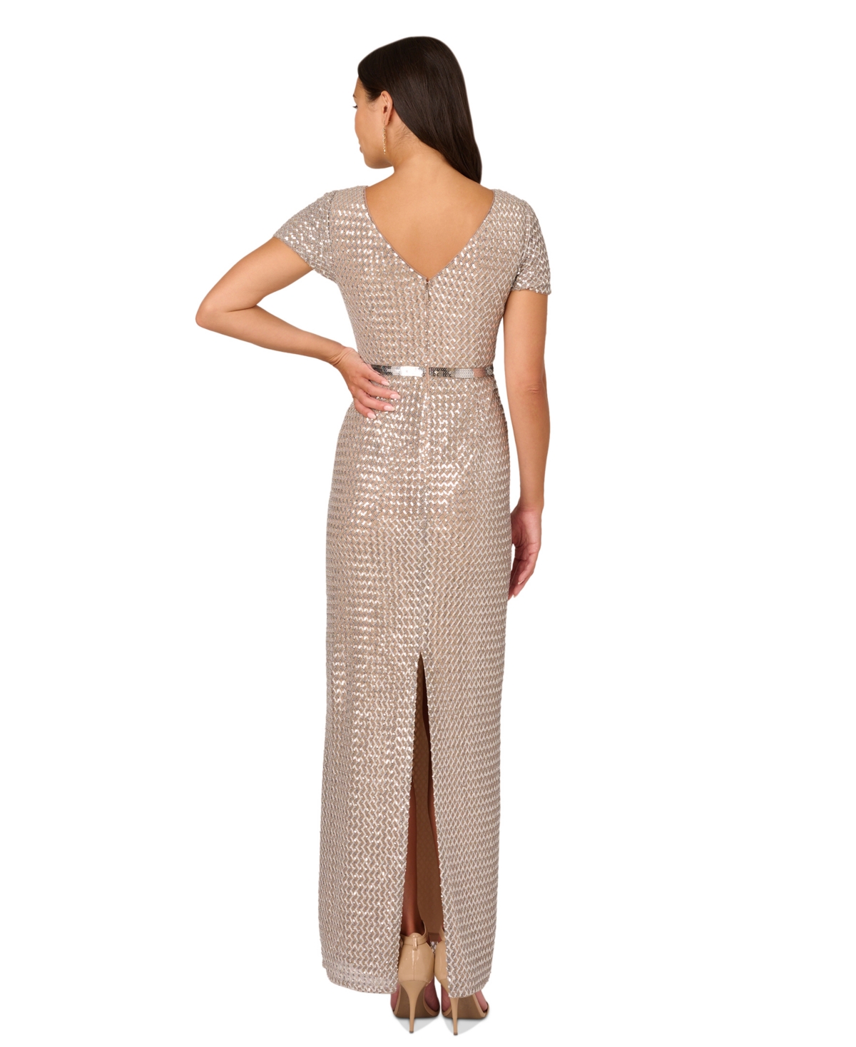 Shop Adrianna Papell Petite Sequinned Column Evening Gown In Silver Nude