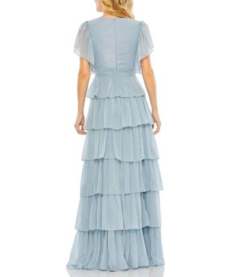 Women's Tiered Flutter Sleeve V-Neck Evening Gown