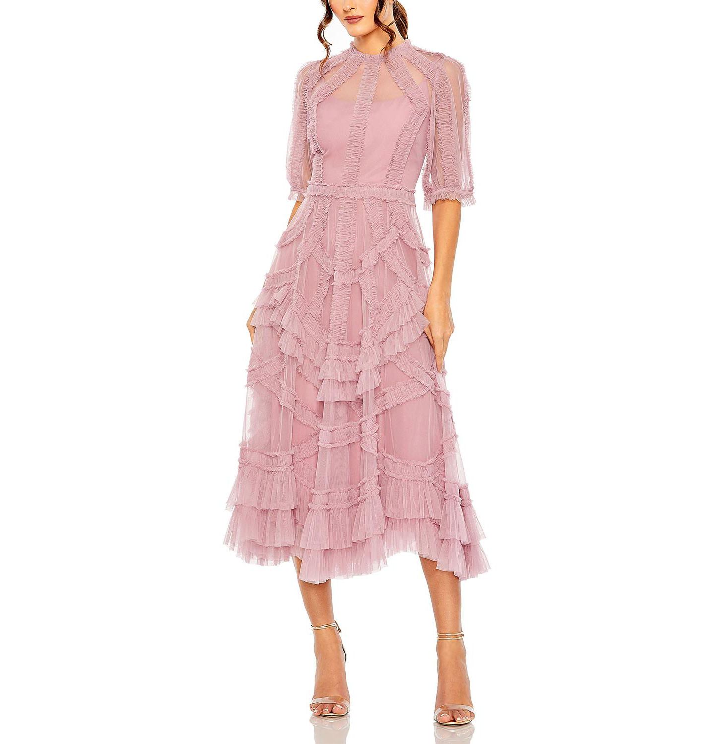 Женское платье Mac Duggal High Neck Puff Sleeve Ruffle Tiered, цвет: Состаренный розовый — фото 6