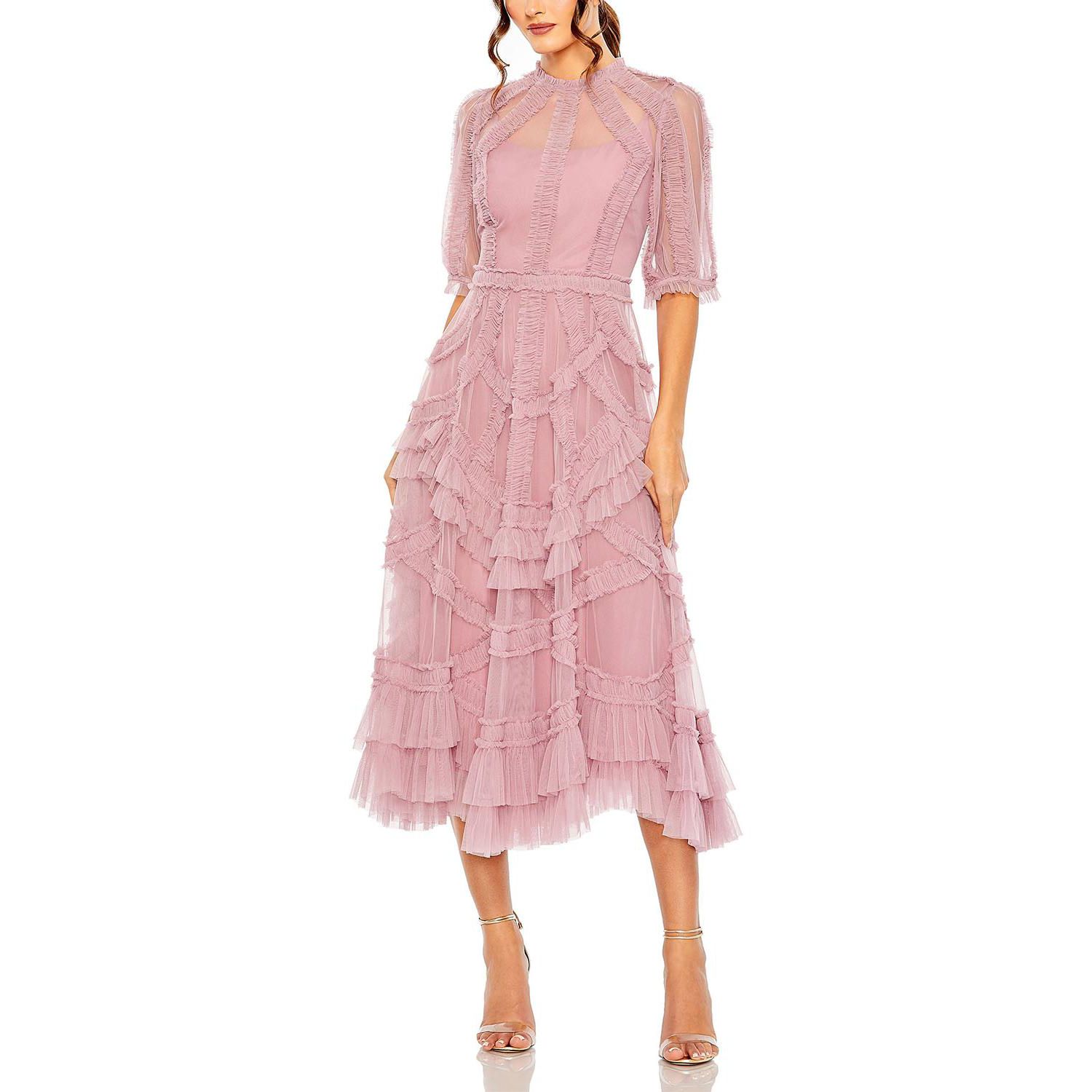 Women's High Neck Puff Sleeve Ruffle Tiered Dress