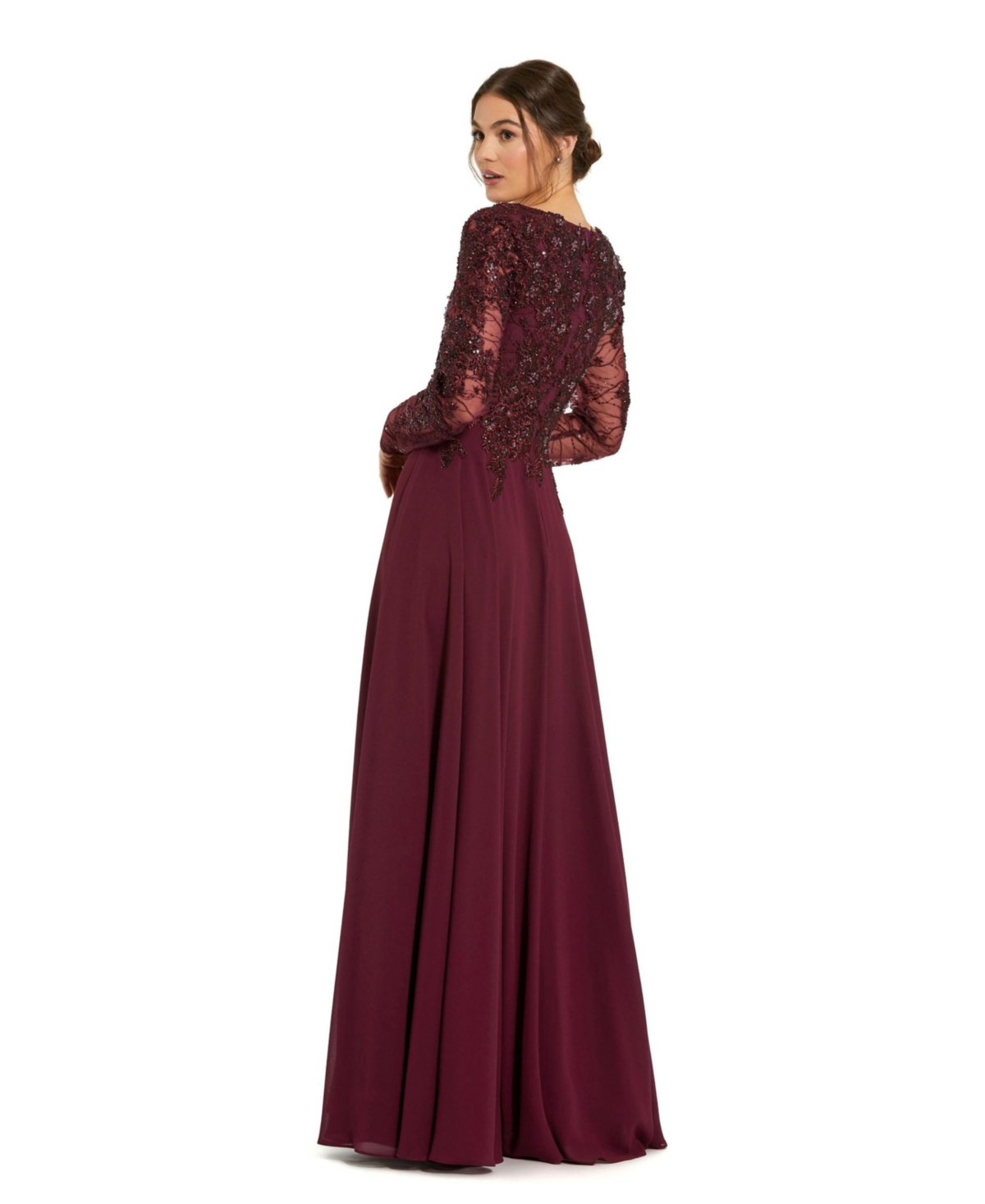 Mac Duggal Women's Embellished Illusion V Neck Long Sleeve Gown