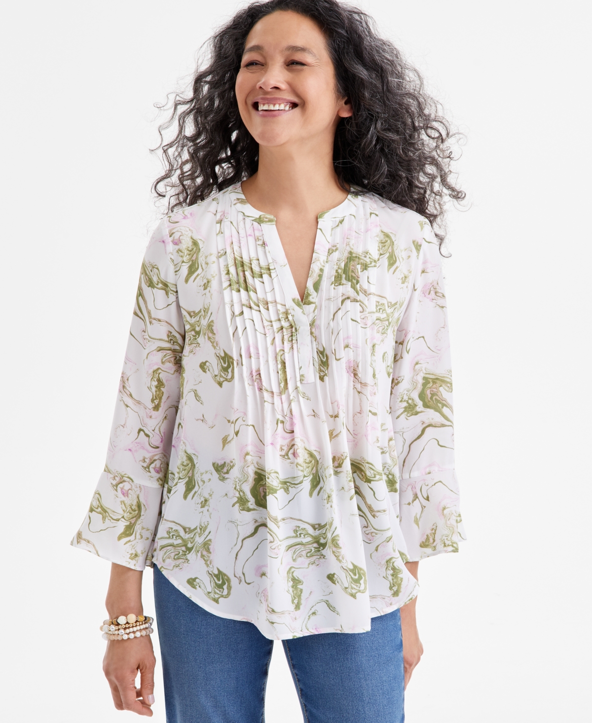 Women's Printed Pintuck Ruffle Sleeve Blouse, Exclusively at Macy's - Marble Natural