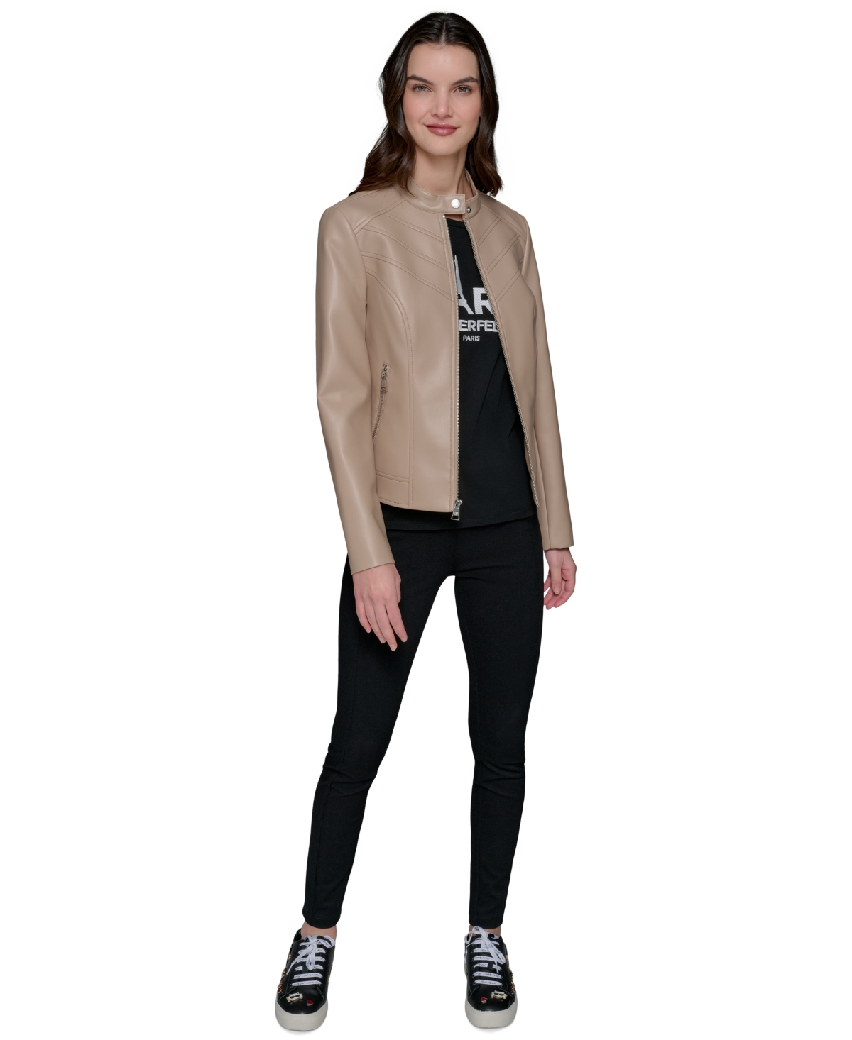 Karl Lagerfeld Women's Fitted Mock-neck Faux-leather Jacket In Latte