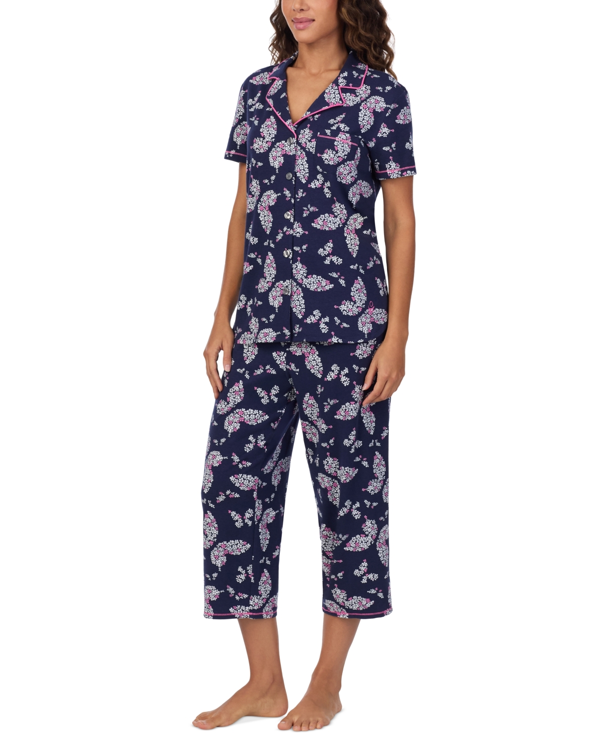 Shop Cuddl Duds Women's Printed Collared Cropped Pajama Set In Navy Print