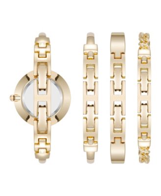 Women's Quartz Black Enamel and Gold-Tone Metal Alloy Bangle Watch Set, 32mm