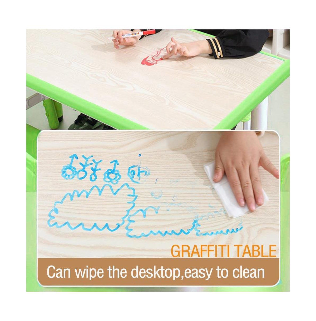 gaomon Kids Table and Chairs Set, Toddler Height Adjustable Desk with Graffiti Desktop, Arts & Crafts Table With 6 Seats, Non-Slip Legs, Max 300lbs, S