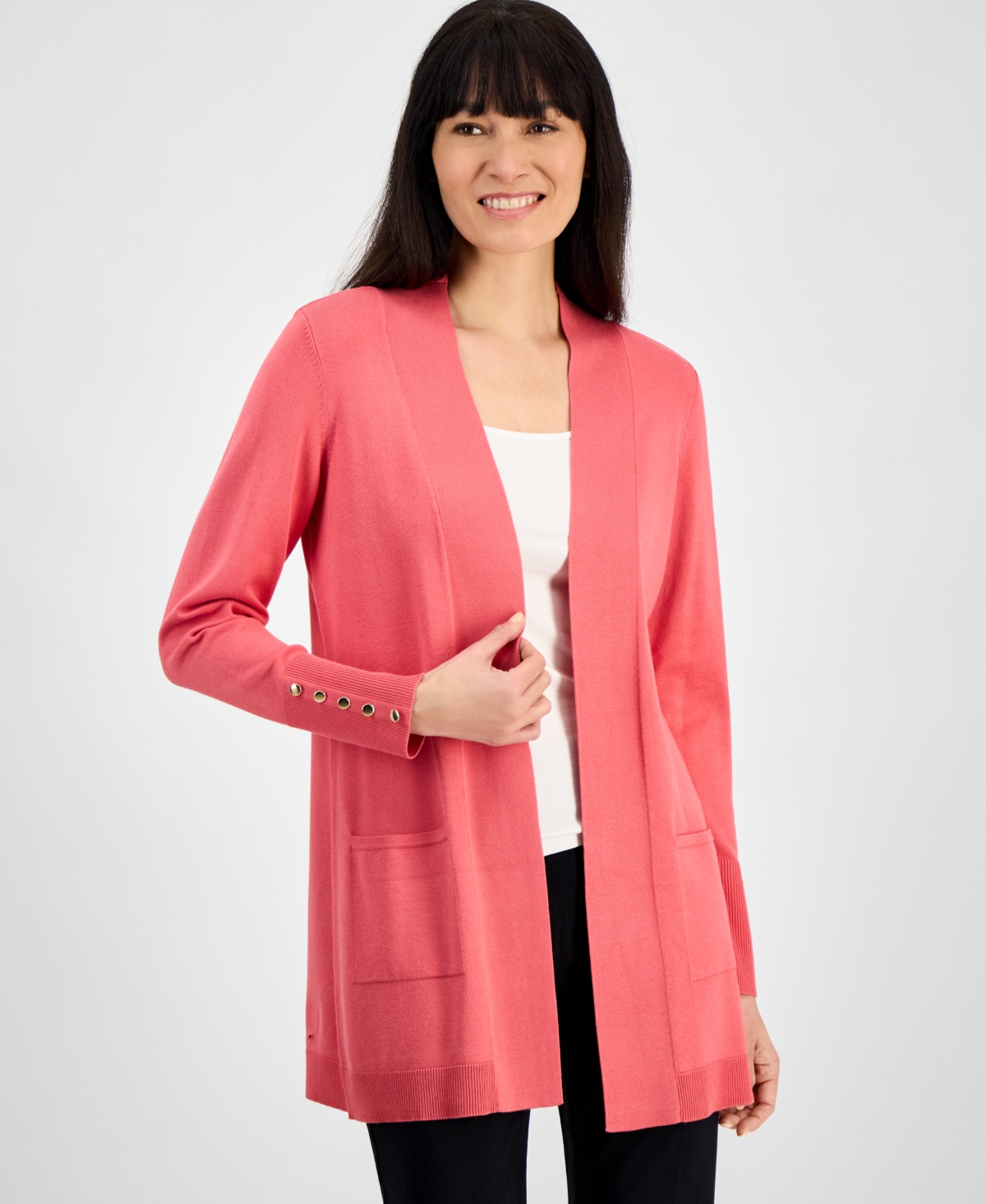 JM COLLECTION PETITE OPEN-FRONT BUTTON-CUFF CARDIGAN, CREATED FOR MACY'S 
