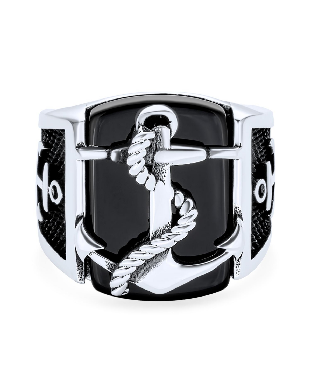 Bling Jewelry Big NaturalRope Anchor Signet Ring .925 Sterling Silver - Black onyx