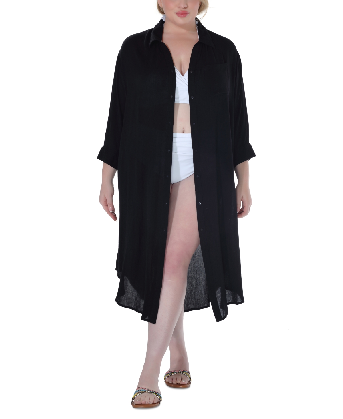 Raviya Plus Size Button-down Midi Cover-up Dress In Black