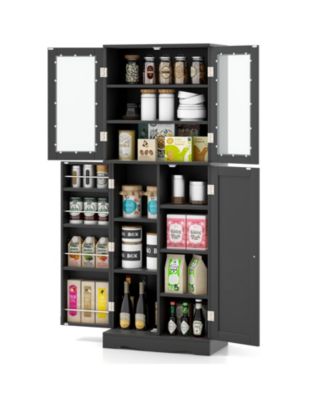 Tall Kitchen Pantry Cabinet with Dual Tempered Glass Doors and Shelves