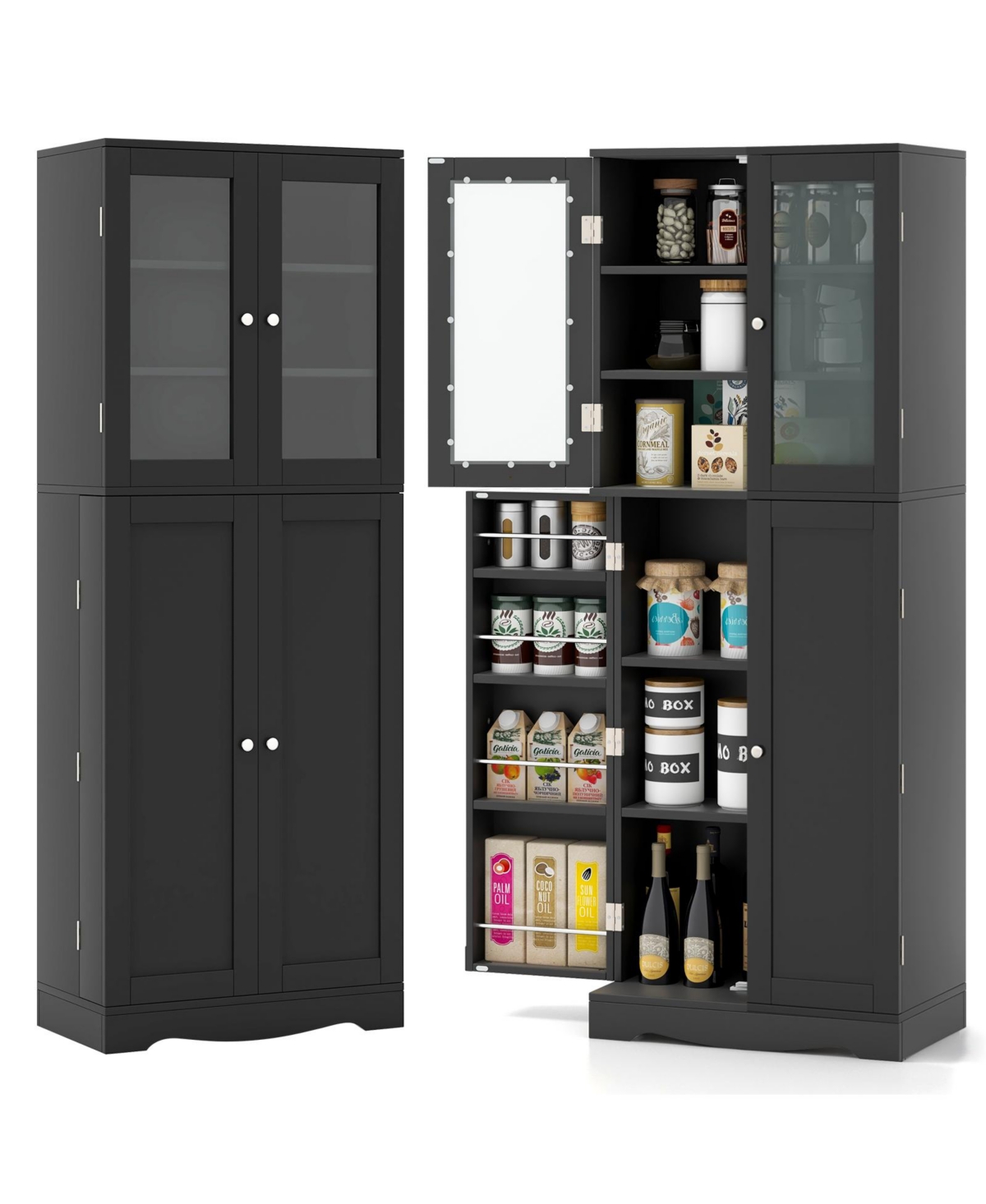 Tall Kitchen Pantry Cabinet with Dual Tempered Glass Doors and Shelves - Black