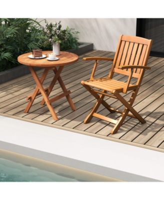Patio Wood Folding Chair Set of 2 with Armrests and Slatted Seat