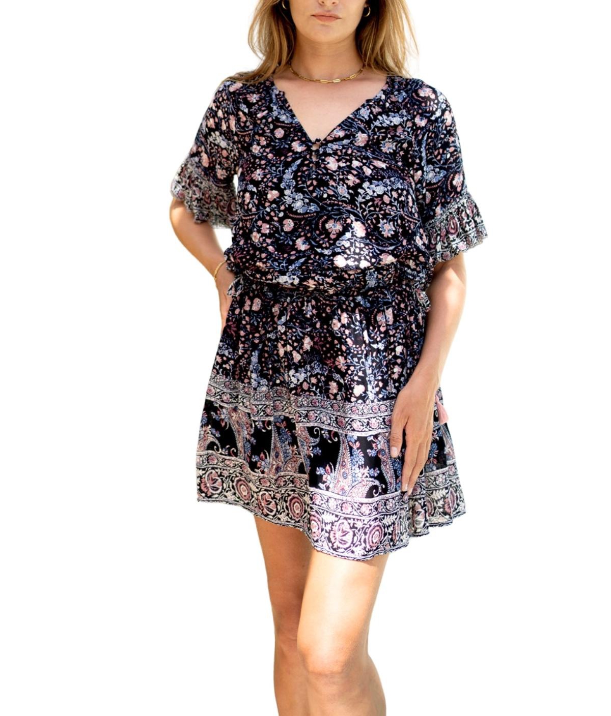 Women's Flora Mini Dress in Black Floral Print - Night bloom