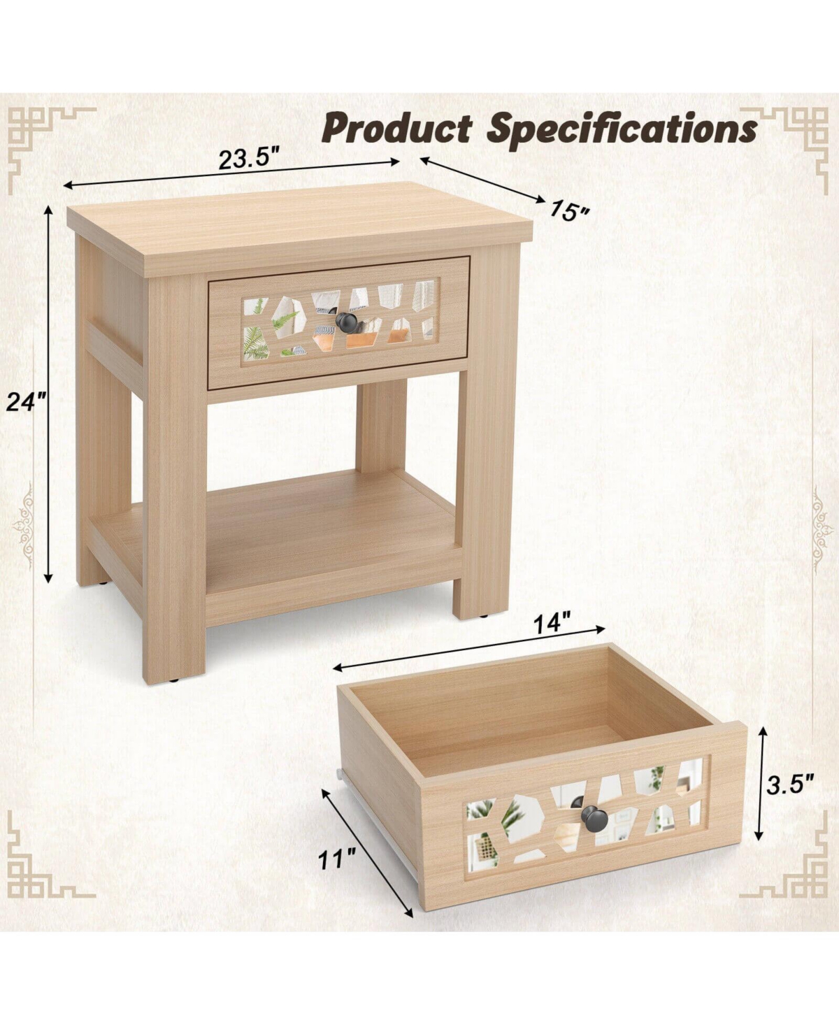 Gouun Wood Retro End Table with Mirrored Glass Drawer and Open Storage Shelf